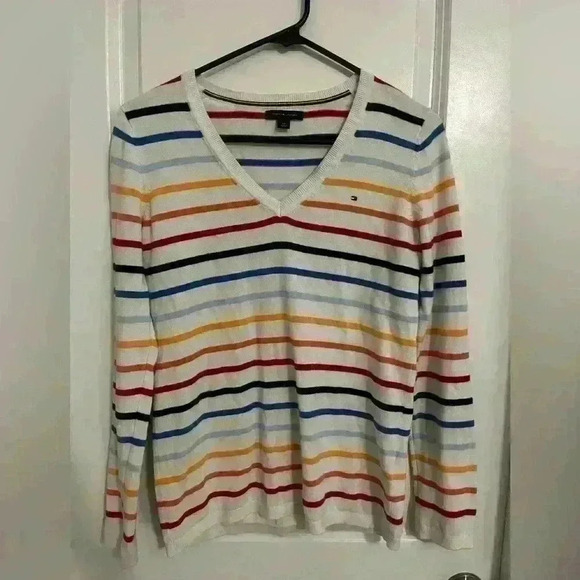 Tommy Hilfiger Women’s Striped V Neck Sweater - Picture 1 of 3